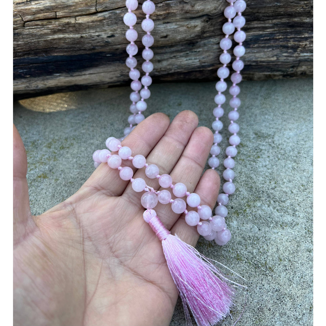 Pink beaded Mala necklace with tassel, rose quartz japa mala with 108 beads