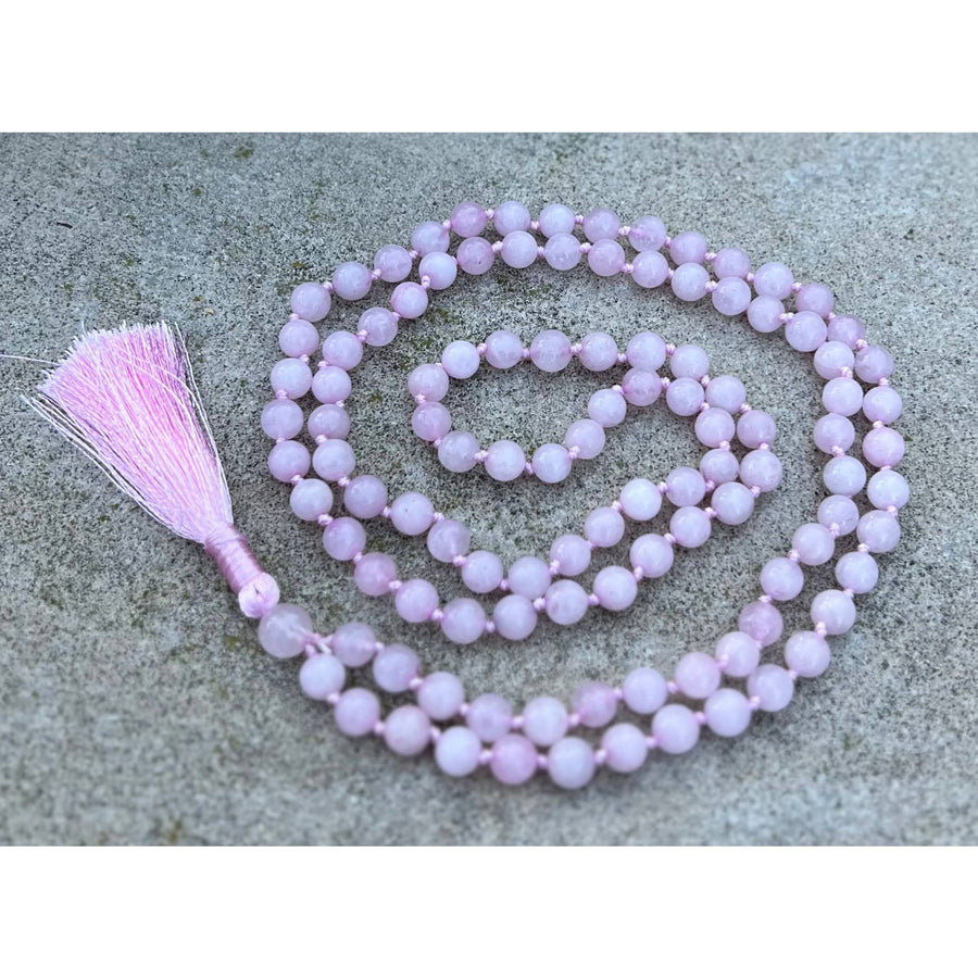 Pink beaded Mala necklace with tassel from Rose Quartz Hand Knotted Mala #LV7336