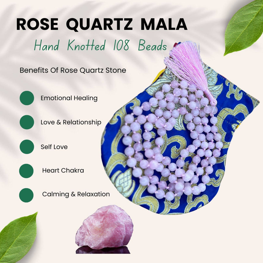 Rose quartz mala beads with tassel for meditation and prayer therapy