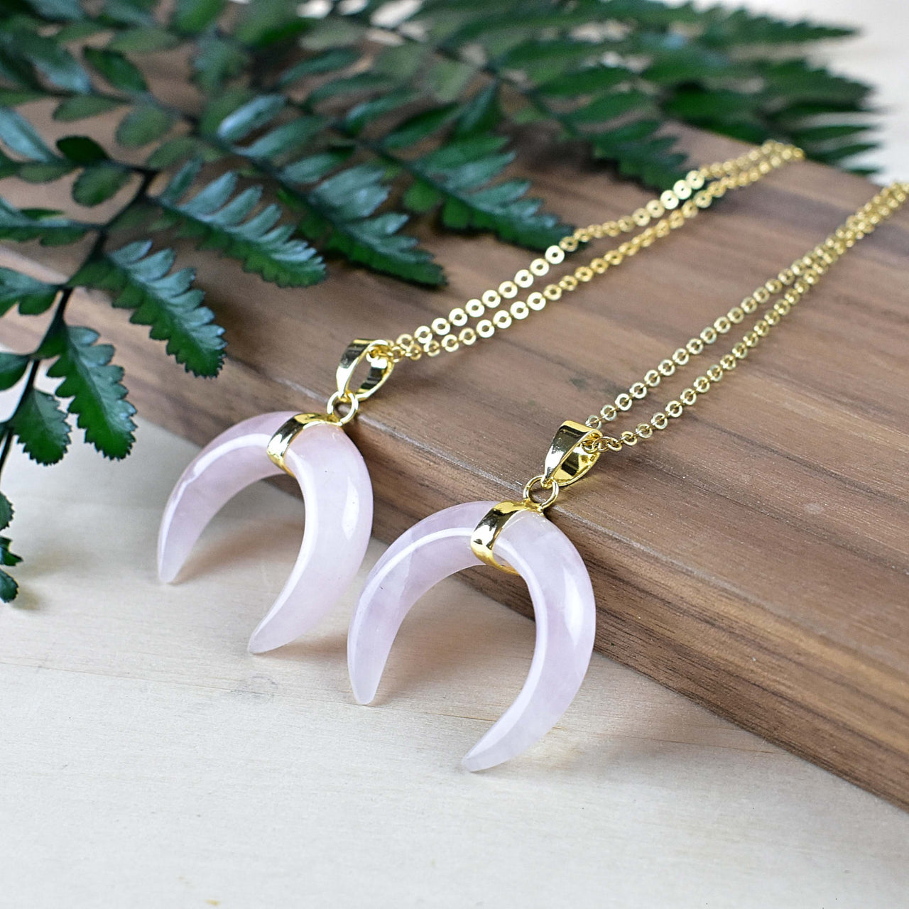 Elegant pale pink moonstone crescent pendant on 18’’ gold necklace LV9191
