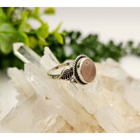 Silver ring with pink Rose Quartz gemstone and leaf design Sterling Silver 925 jewelry