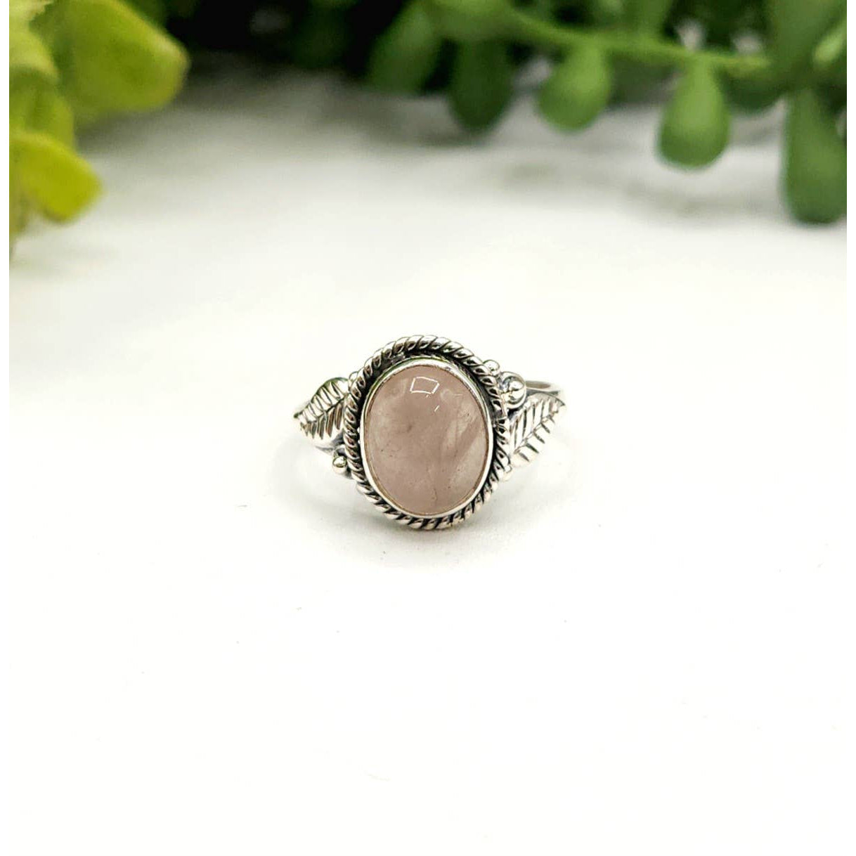 Oval rose quartz gemstone sterling silver ring displayed in Rose Quartz Semi-Precious Gemstone Sterling Silver(925) Ring LV4226
