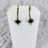 Silver dangle leaf earrings with black stones in Art Nouveau shell design, SALE #J929
