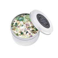 Open tin candle with embedded crystals in a glass jar for Secret Garden Ritual Candle