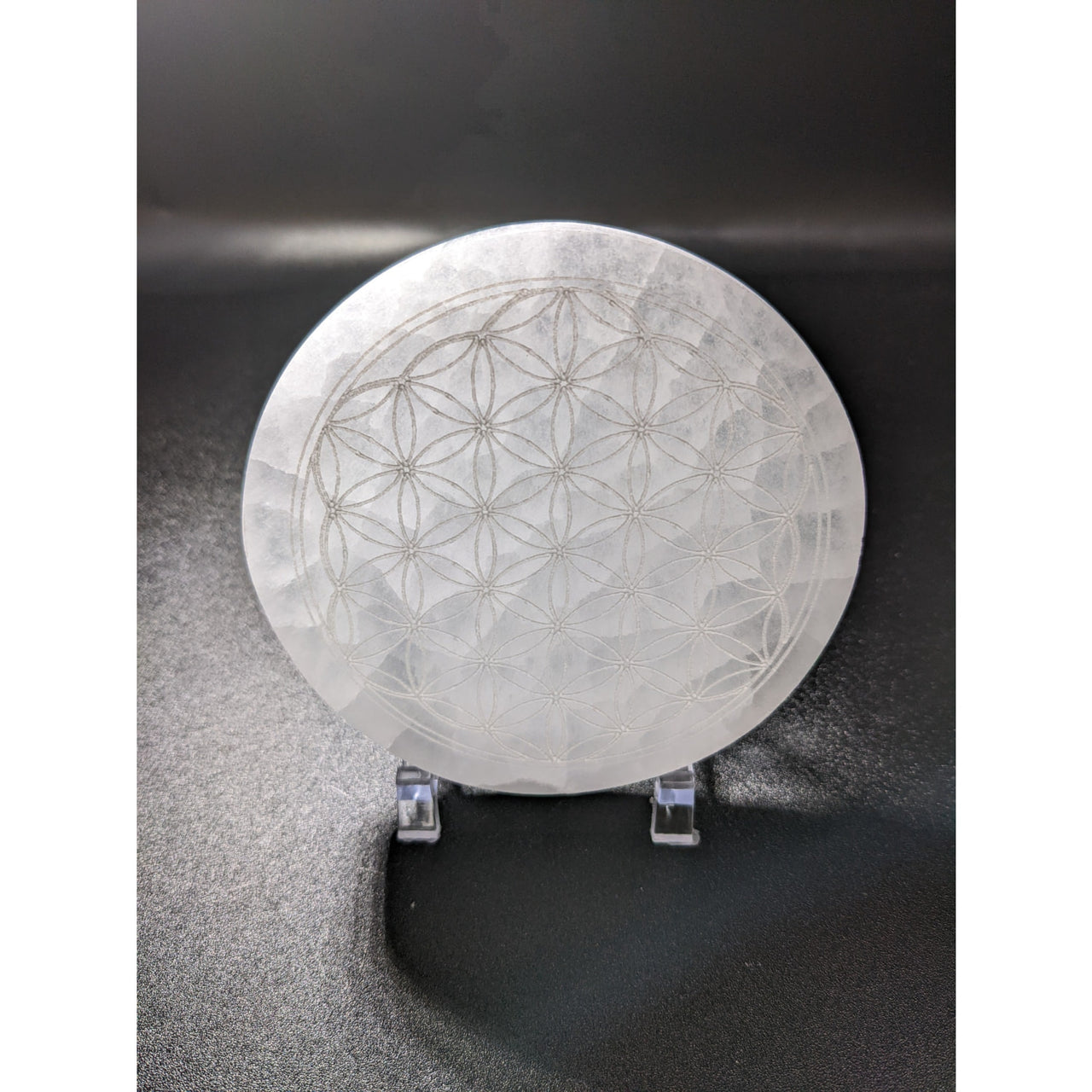 Selenite etched flower lamp on Selenite Etched Flower of Life Round Charging Plate #SK7585