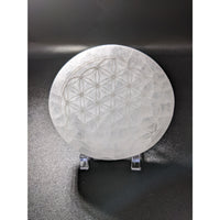 Selenite etched flower lamp on Selenite Etched Flower of Life Round Charging Plate #SK7585