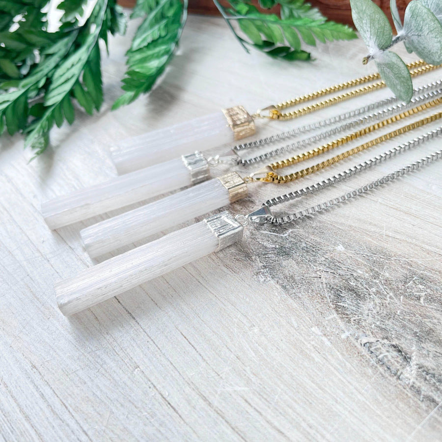 Selenite Raw Bar Pendant Necklace #LV9192 with Quartz Crystal