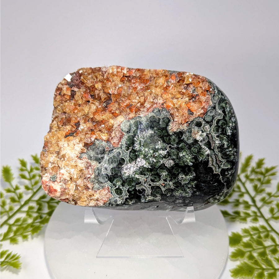 Polished Seraphinite AA 4.5’’ with fluorescent calcite #BC0902, green orange-brown crystalline specimen