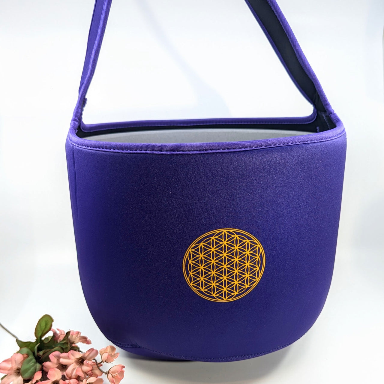 Purple neoprene shoulder bag with gold Flower of Life for 9’’ singing bowl