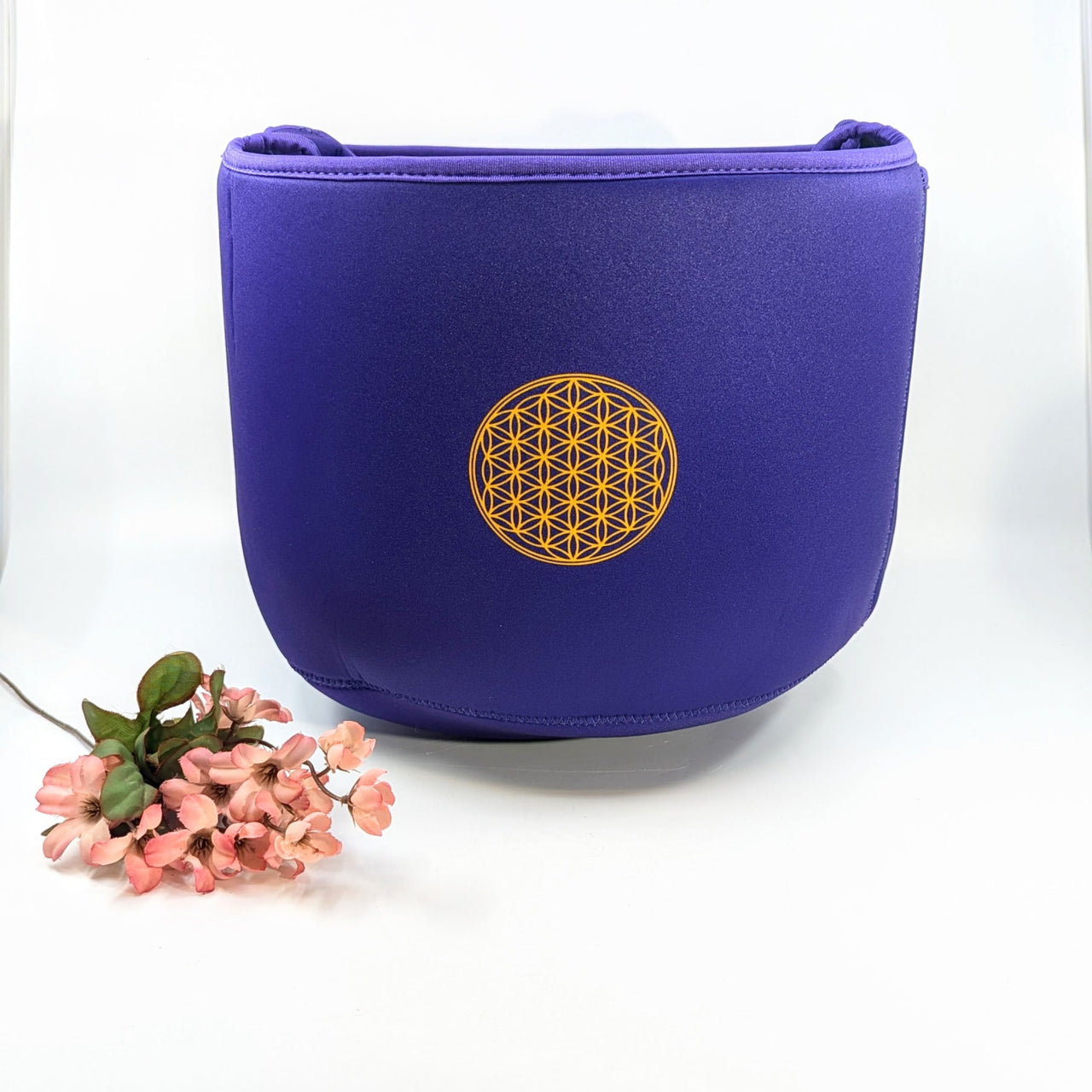 Royal blue vegan leather crossbody bag with gold Flower of Life for 9’’ crystal singing bowl