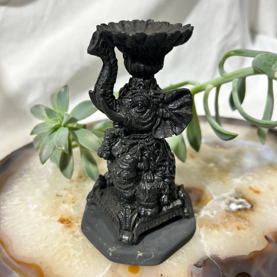 Black Elephant Candle Holder made from Shungite for elegant home decor