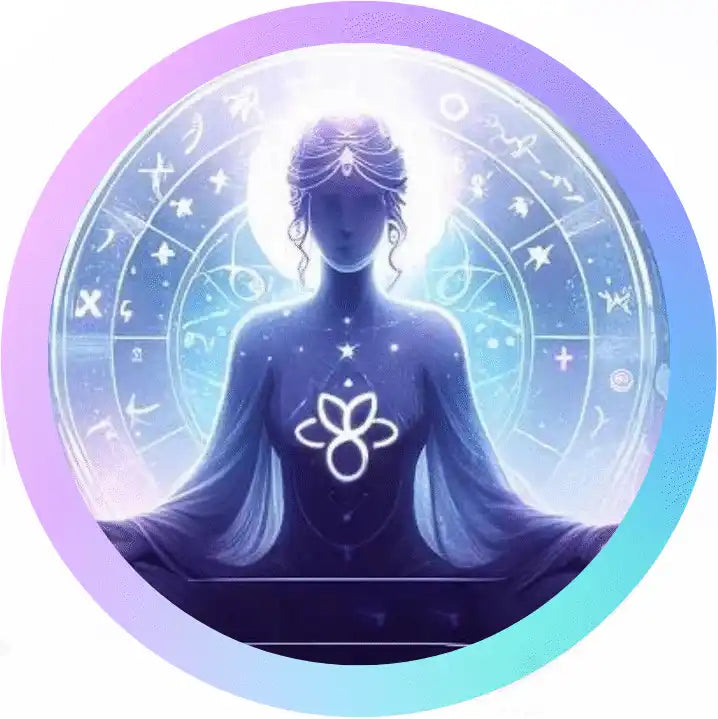 Silhouetted figure meditating with a glowing flower symbol on their chest.