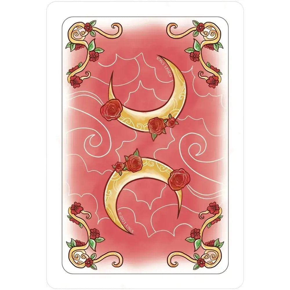 Red and yellow playing card with roses and crescents in Simplicity Tarot Deck for Beginners