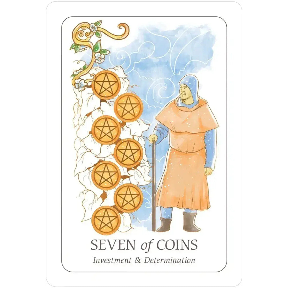 Illustration from Simplicity Tarot Deck: Woman in orange dress with stick and pentagram