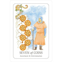 Illustration from Simplicity Tarot Deck: Woman in orange dress with stick and pentagram