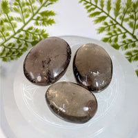 Three 1.75in smoky quartz palm stones #BC0886 with inclusions
