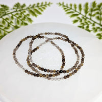 Three 7’’ faceted smoky quartz mini bead bracelets with clear crystals, black stone accents #BC1013