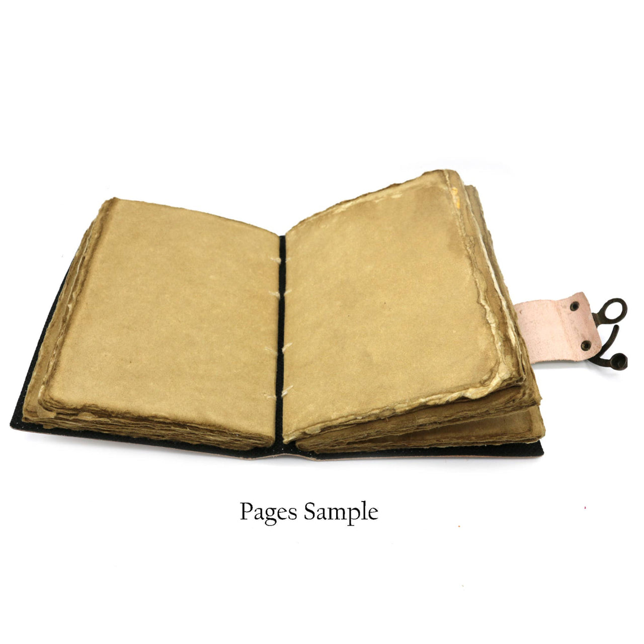 Open aged leather journal with yellowed pages and pink bookmark, 5x7 in