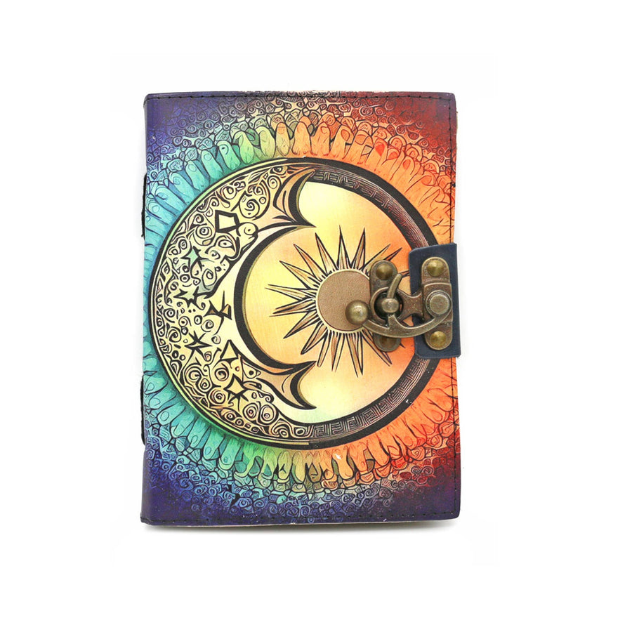 Vibrant rainbow leather journal with sun moon design, brass clasp, 5x7 in