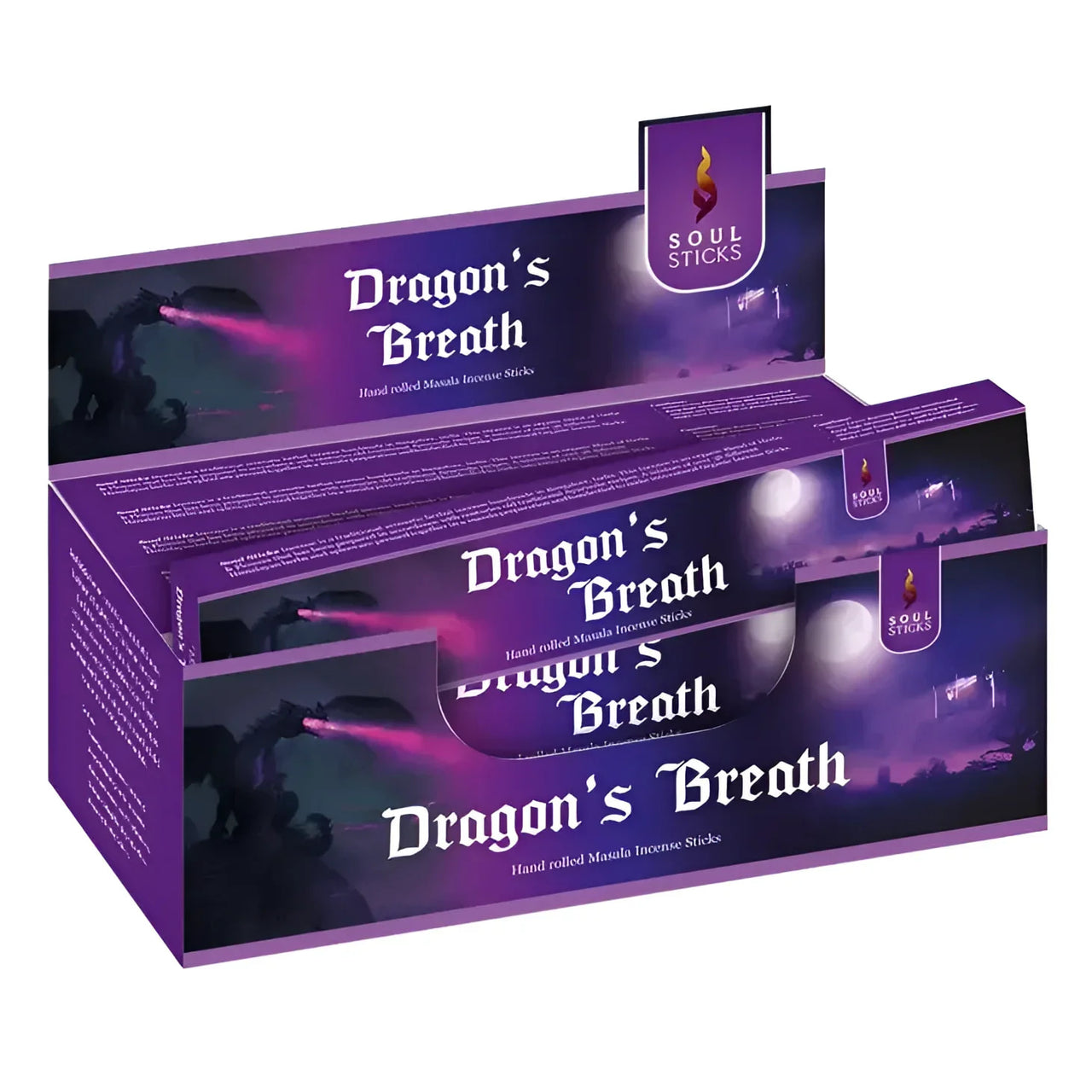 Close up of two Dragon Breath Soul Sticks Natural Incense boxes near toothpaste