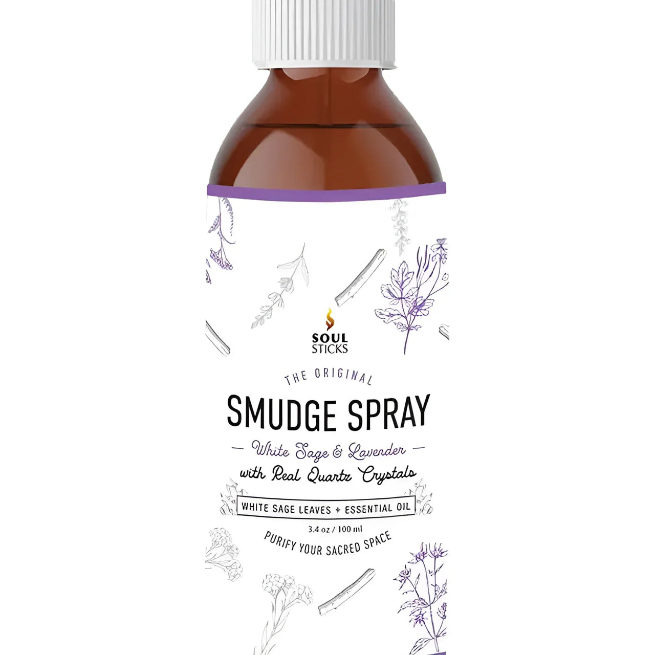 Brown bottle of Soul Sticks Smudge Spray with white sage and quartz crystals design
