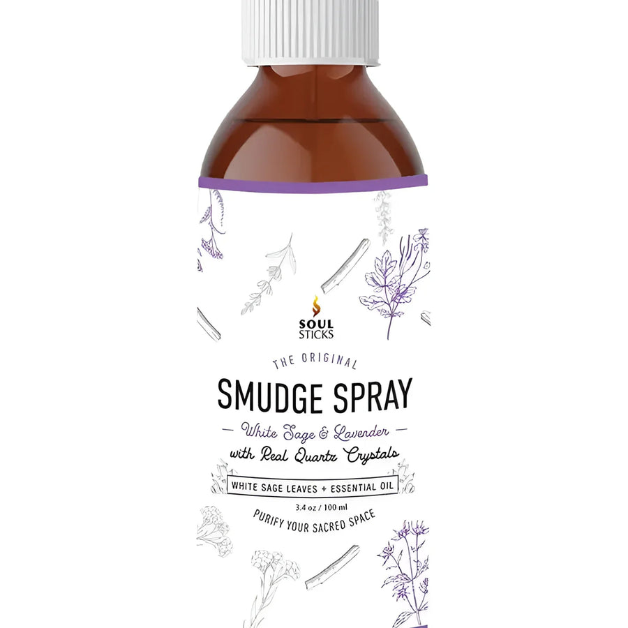 Brown bottle of Soul Sticks Smudge Spray with white sage and quartz crystals design