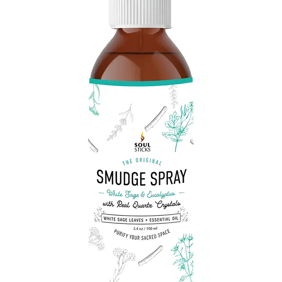 Brown bottle of Soul Sticks Smudge Spray with white sage and quartz crystals