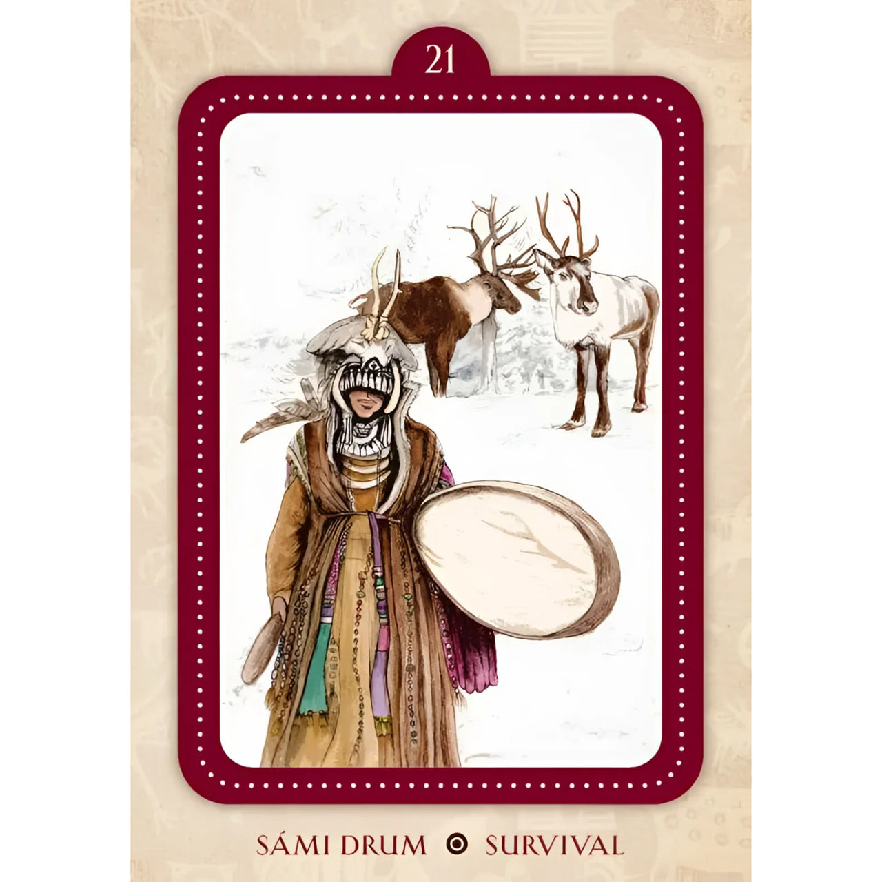 Sámi shaman with drum and reindeer in front of the Spirit of the Drum Oracle by Barbara Meiklejohn-Free