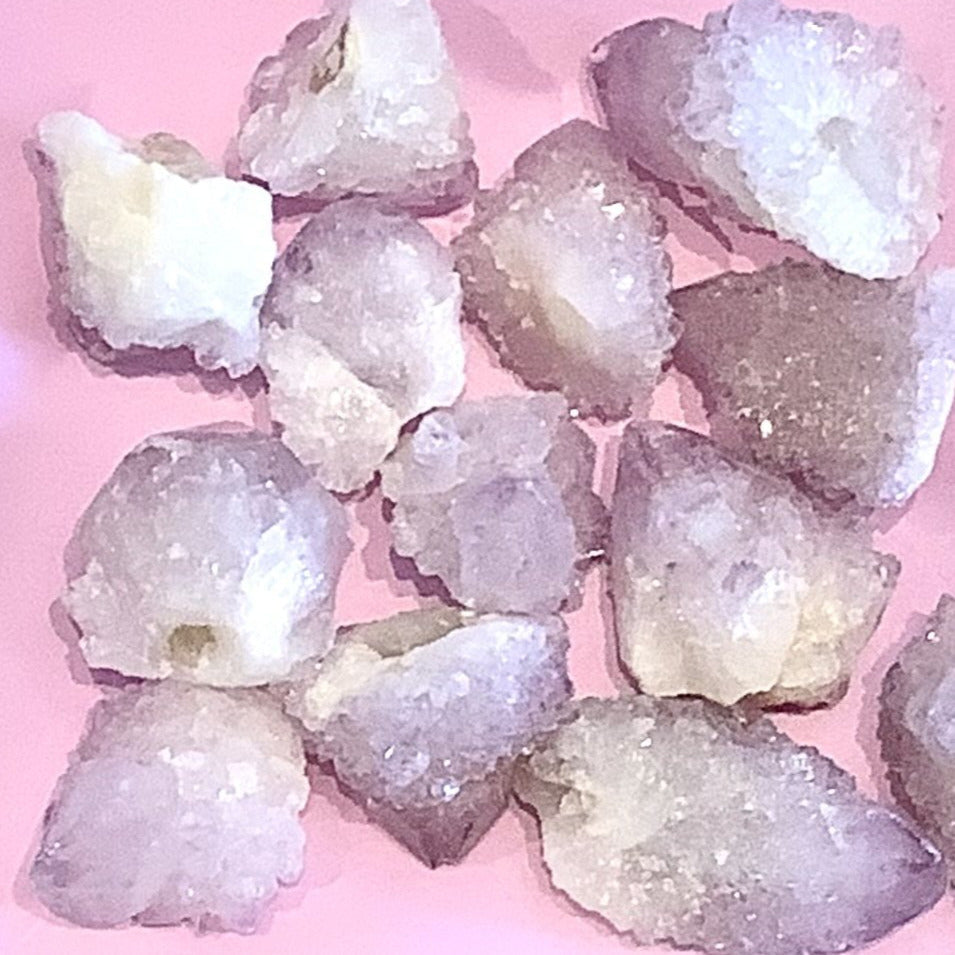 Spirit Quartz #R185: raw translucent purple white geodes with crystals