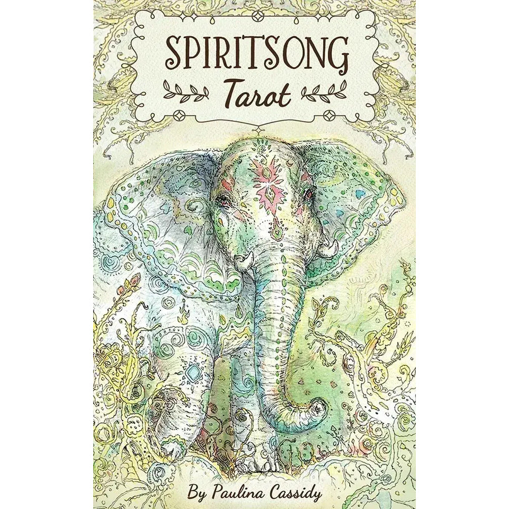Close-up of Spiritsong Tarot Deck book cover with elephant illustration by Paulina Fae #Q373