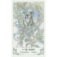 A drawing of a woman’s face surrounded by flowers from the Spiritsong Tarot Deck by Paulina Fae