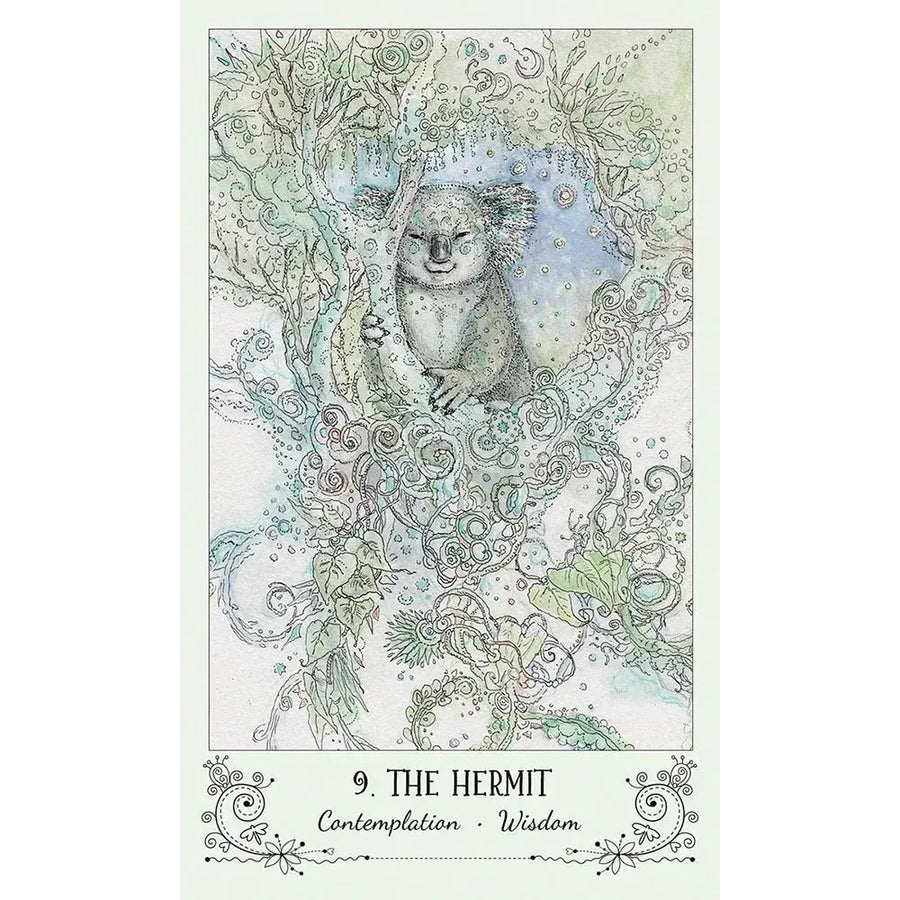 A drawing of a woman’s face surrounded by flowers from the Spiritsong Tarot Deck by Paulina Fae