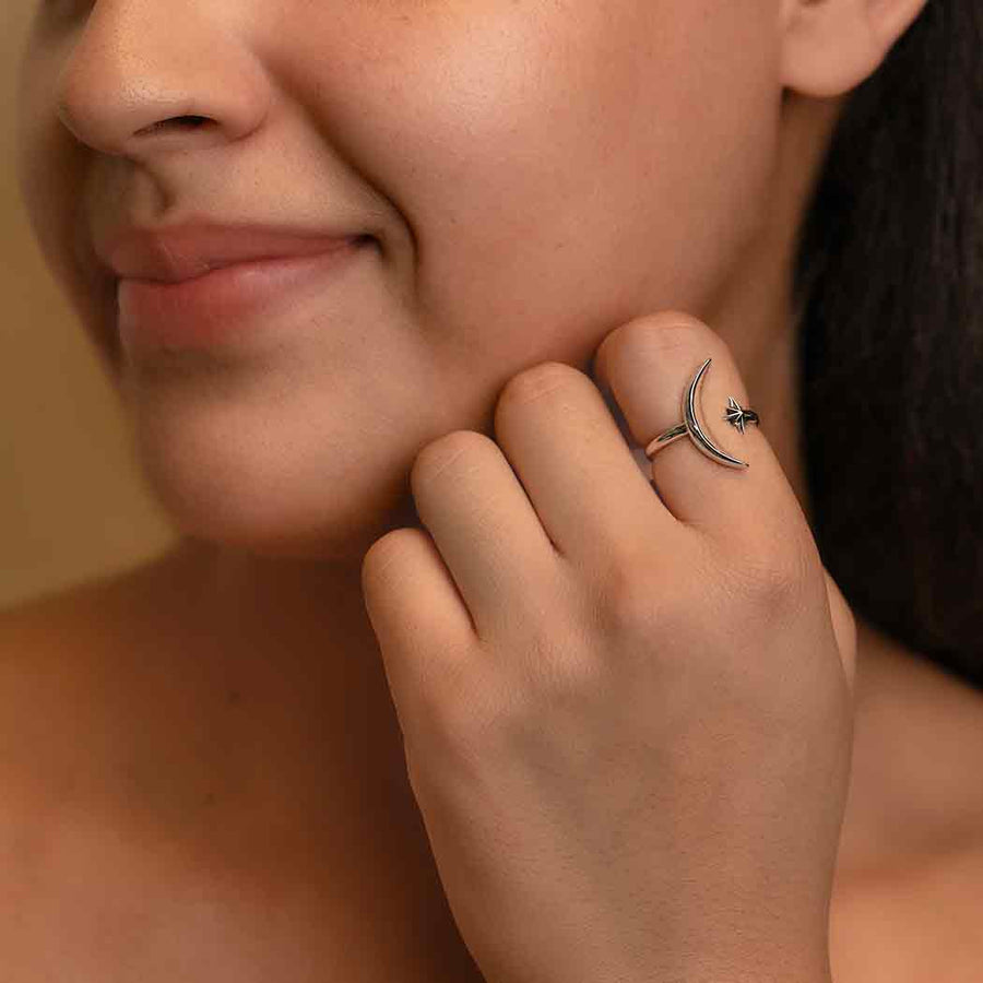 Sterling Silver Adjustable Moon and Star Ring LV9571