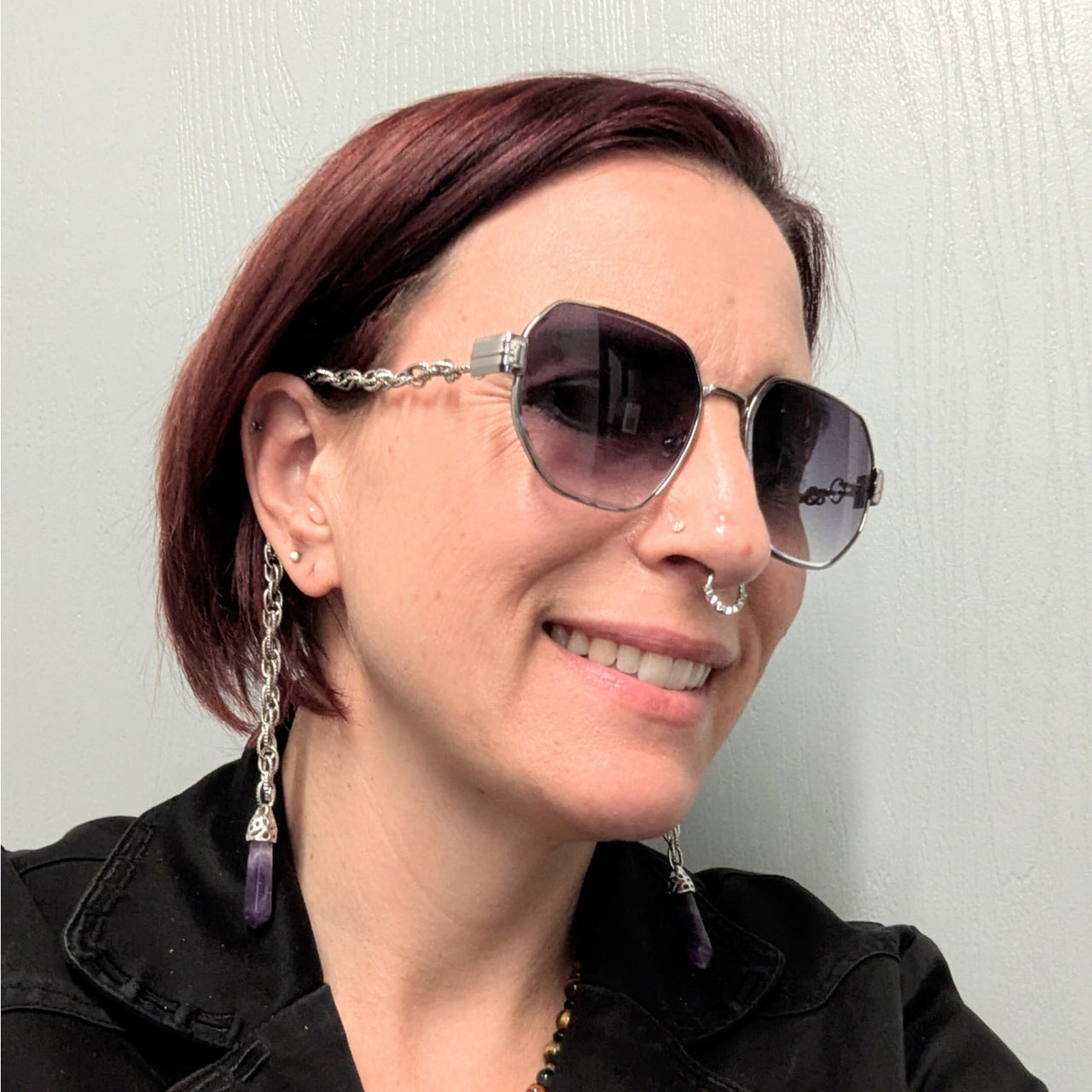 Silver-framed sunglasses with dark gradient lenses, chain-link strap, crystal dangles, 5.5 inches