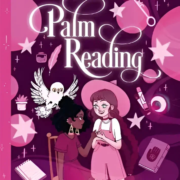 Pink book cover with a girl, bird, and title ’Teen Witches’ Guide To Palm Reading (Book 3)’