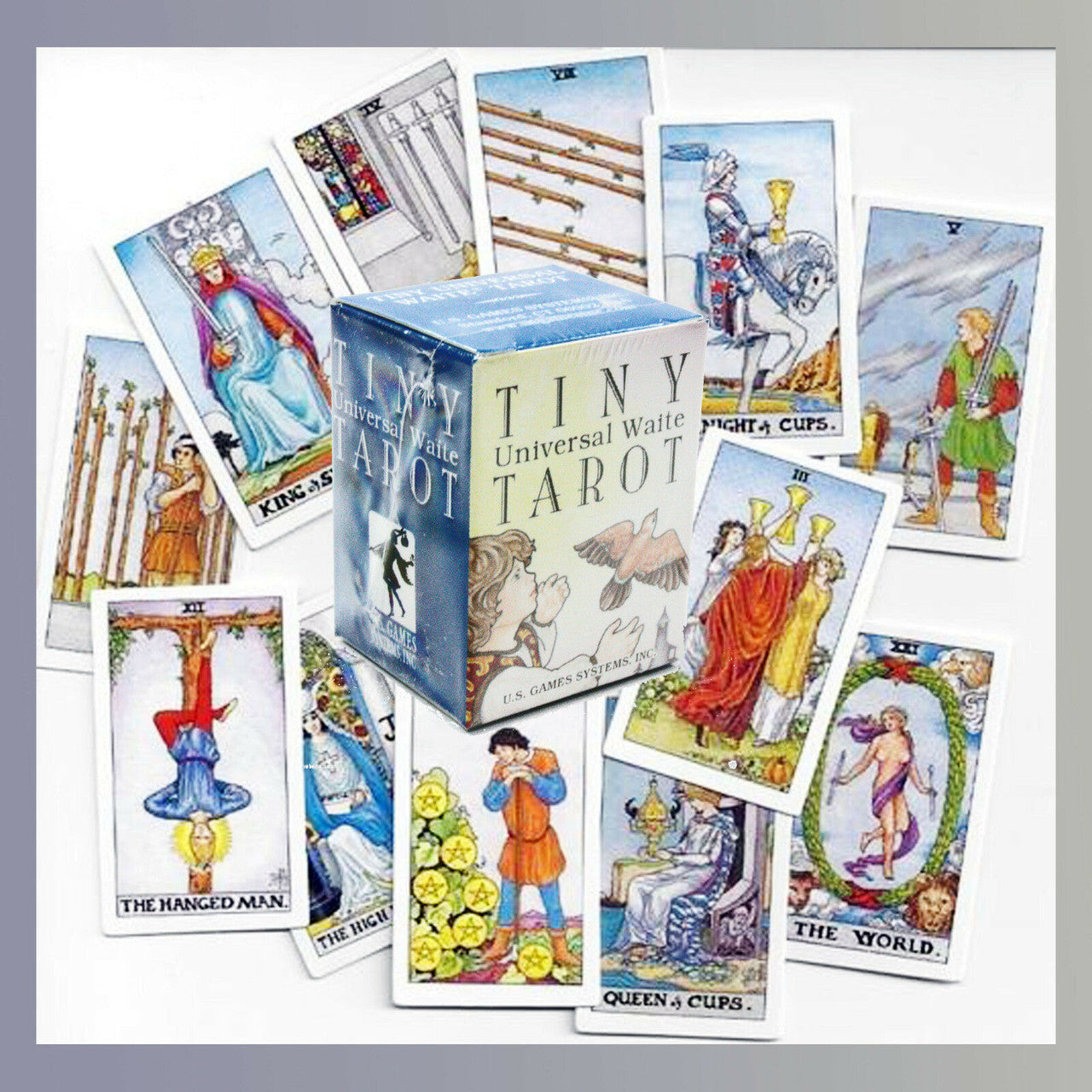 Close up of Tiny Universal Waite® Tarot box showing a man on a horse