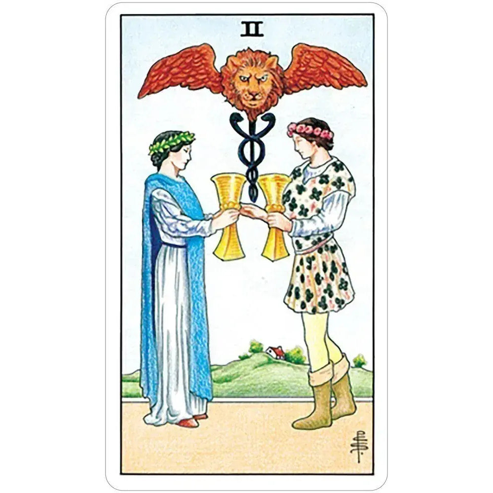 Tiny Universal Waite® Tarot card showing a man and woman holding a cup