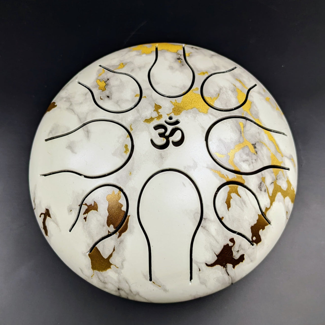 Handcrafted White Marble Tongue Drum with Gold and Black Design, 5’ Includes Case and Mallets