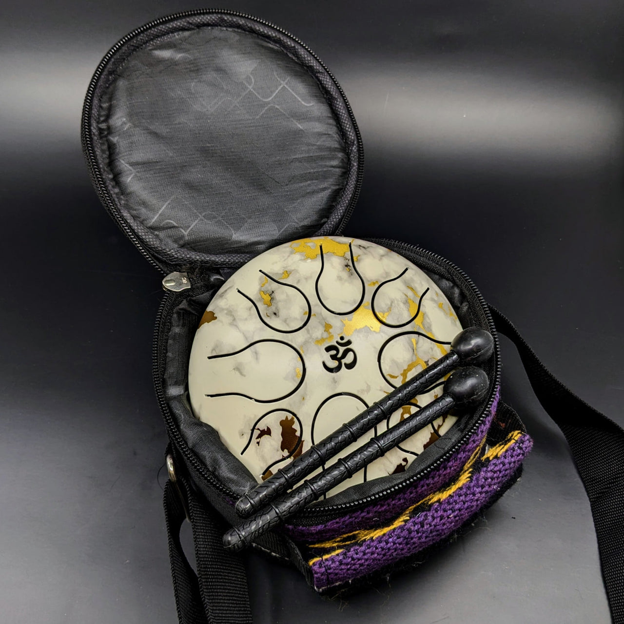 Small bag with black and yellow design for Tongue Drum White Marble 5’ w/ Case + Mallets