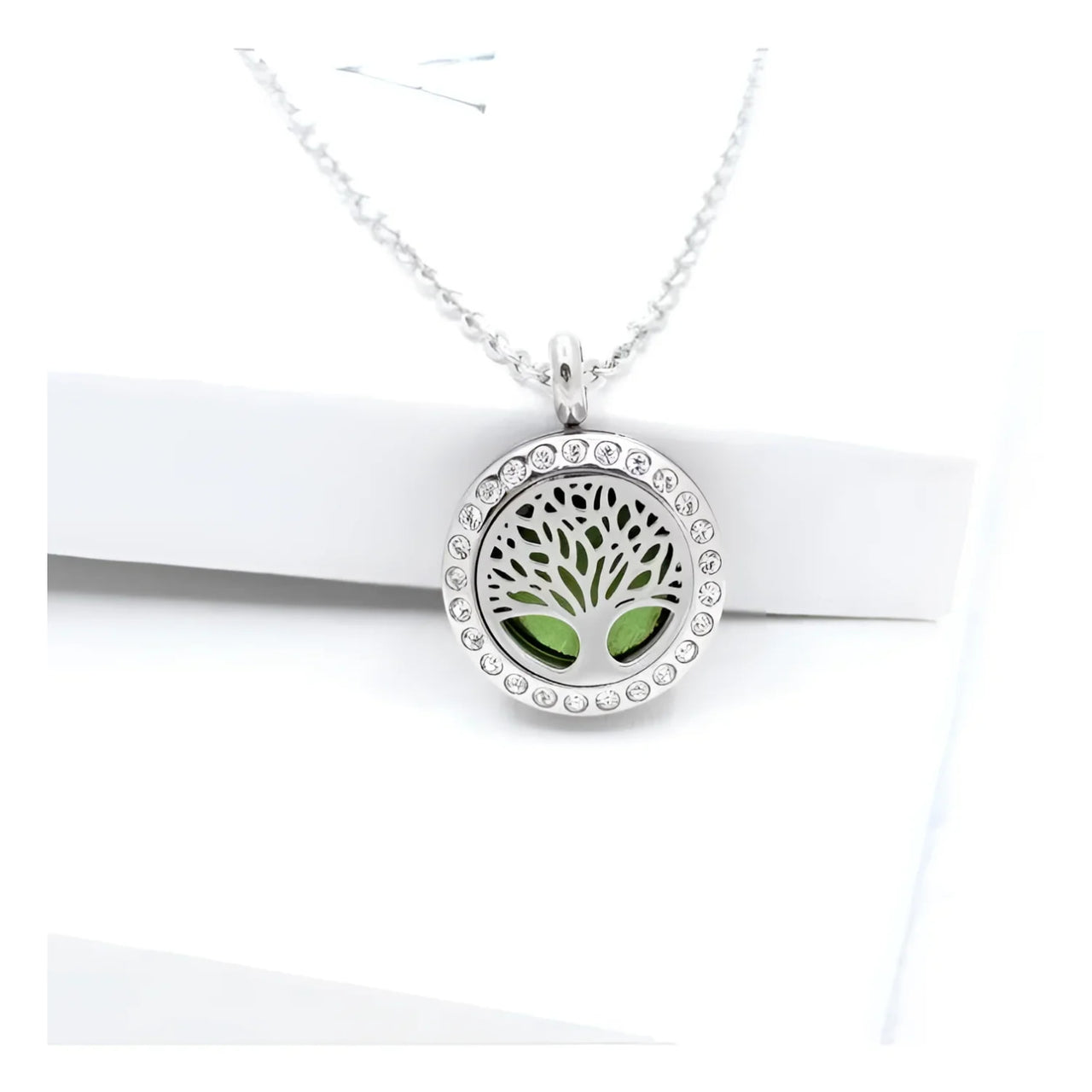Tree of Life Aromatherapy Diffuser Necklace #P005605 in a gift box with a green tree inside