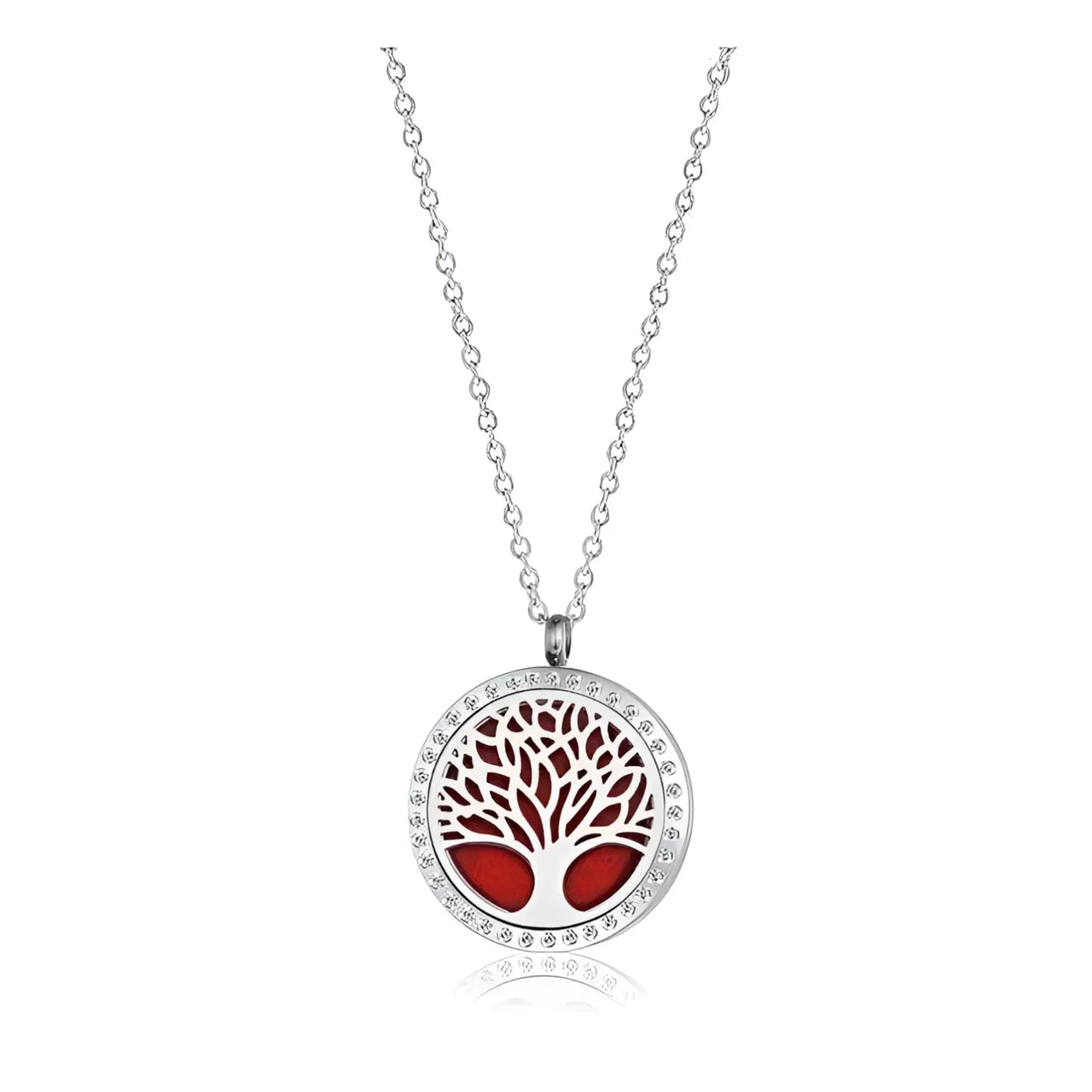 Tree of Life Aromatherapy Necklace with Gift Box: Red Pendant with White Crystals #P005605