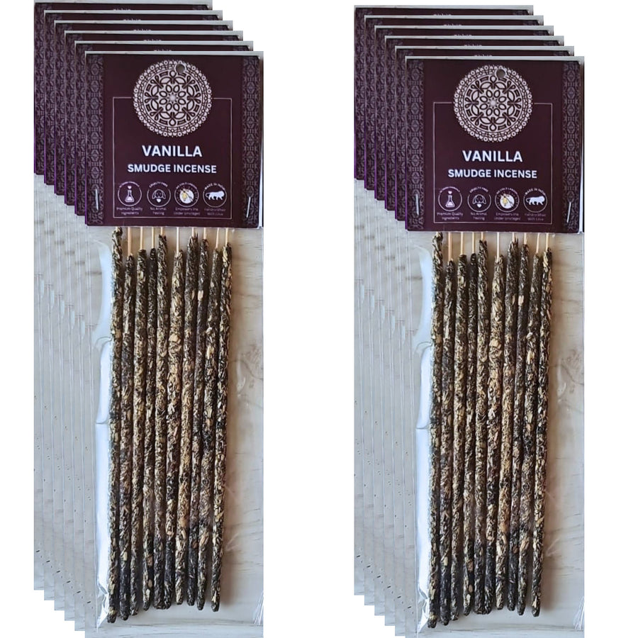 Vanilla Smudge Incense Sticks in plastic pouch, relaxing aromatic incense product