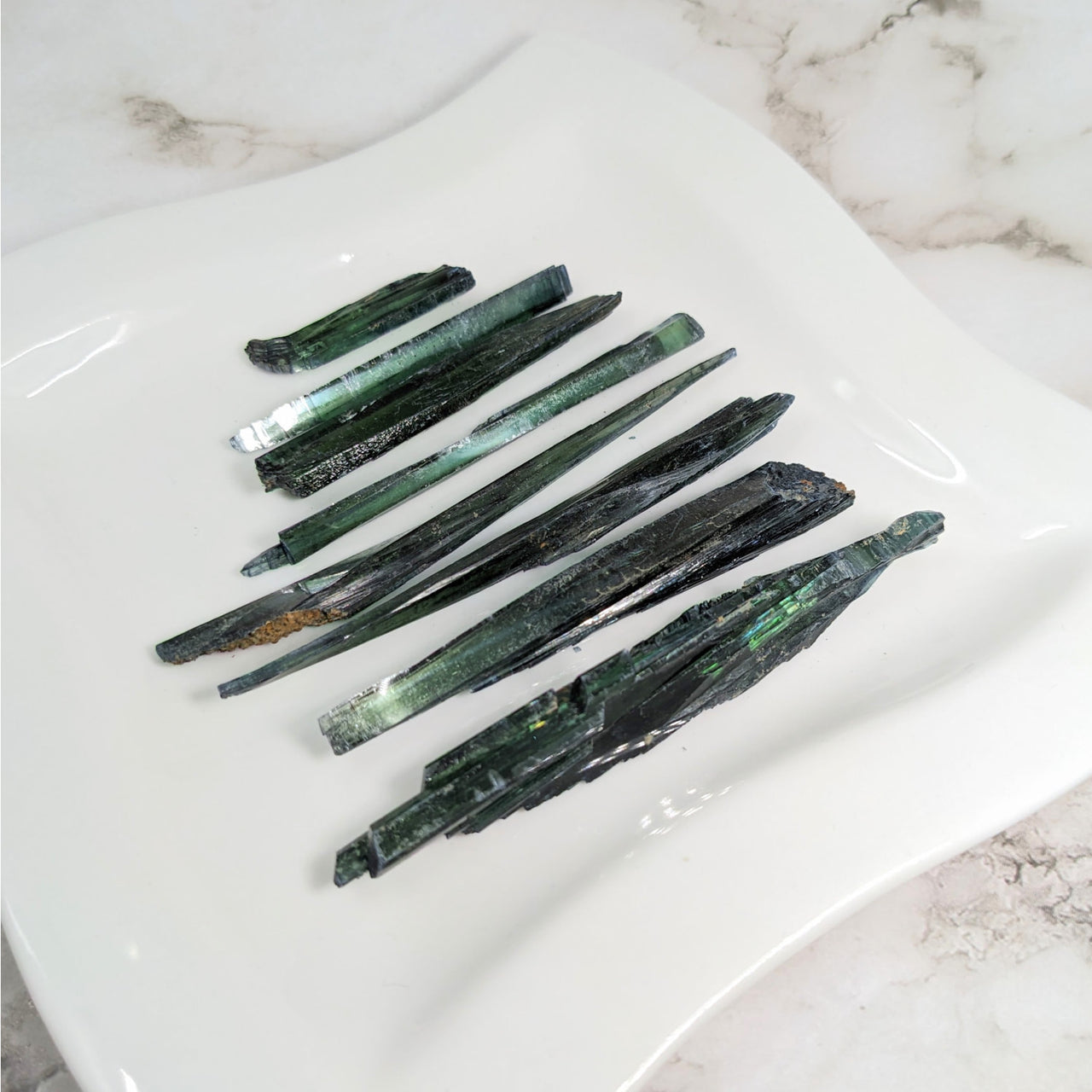 Vivianite 1-3’ Blade Specimen - Three Green Tourmalines on White Plate #LV4145