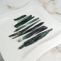 Vivianite 1-3’ Blade Specimen - Three Green Tourmalines on White Plate #LV4145