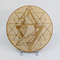 Wooden plate with whale, geometric design on alder wood for crystal grid decor