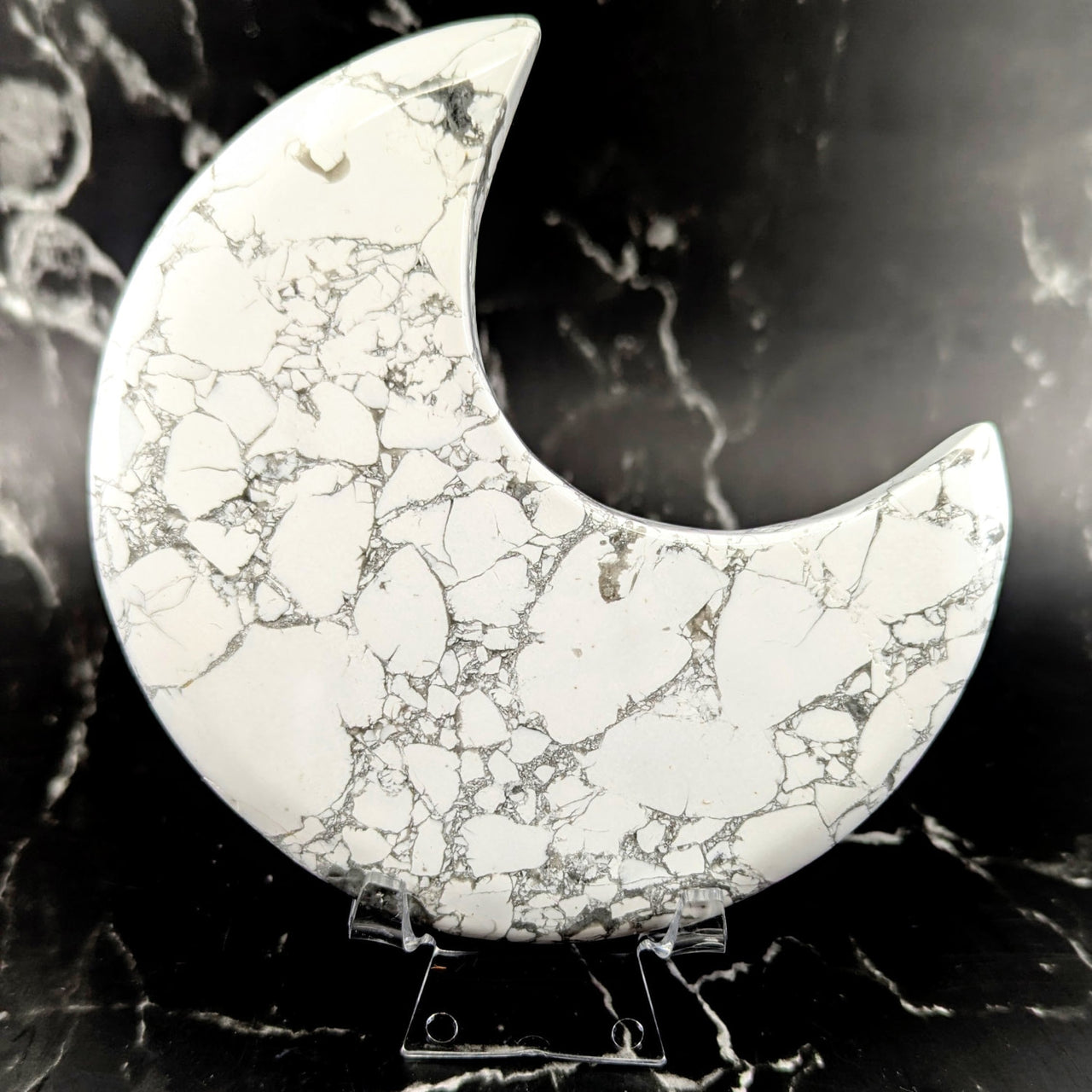 White Howlite 5-inch moon carving with marbled gray veins and cracks #BC0600