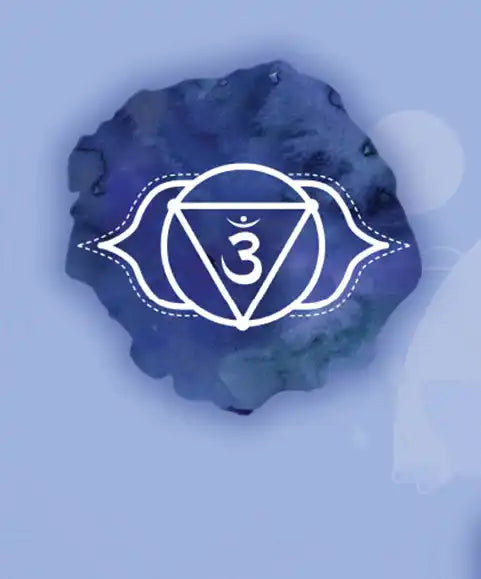 White symbol of the third eye (Ajna) chakra on a blue watercolor background.