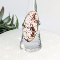 Oval white and brown wild horse magnesite ring, handcrafted crystal healing jewelry