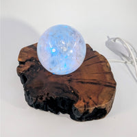 Glowing blue resin sphere with glitter on Wood Slab LED 6.5’’ base #BC0777