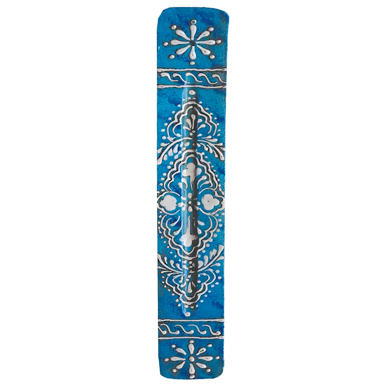 Vibrant blue wooden incense stick holder with white silver floral patterns Q330